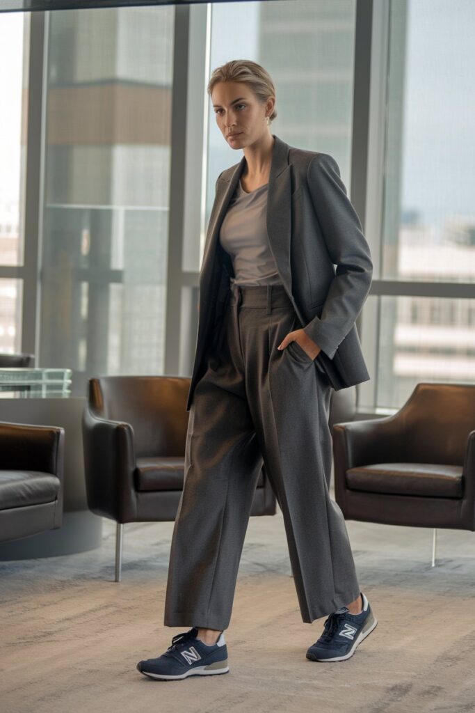 woman in a modern suit—tailored trousers and a matching blazer over a casual top