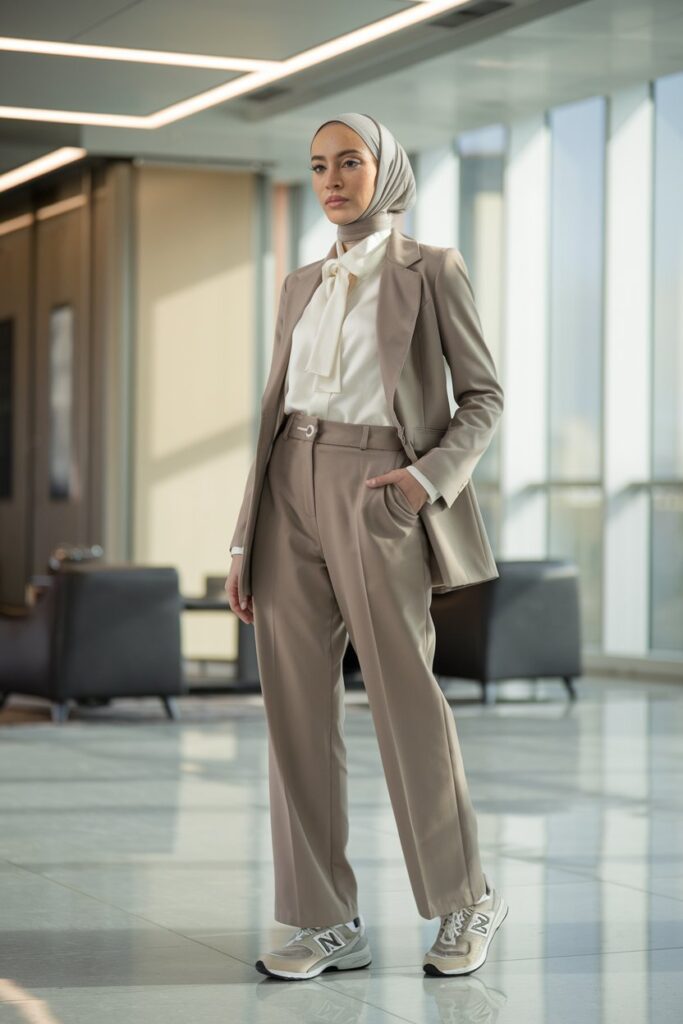 Visualize a professional woman in a sleek office lobby wearing tailored chinos and a crisp white blouse, paired with clean New Balance sneakers.