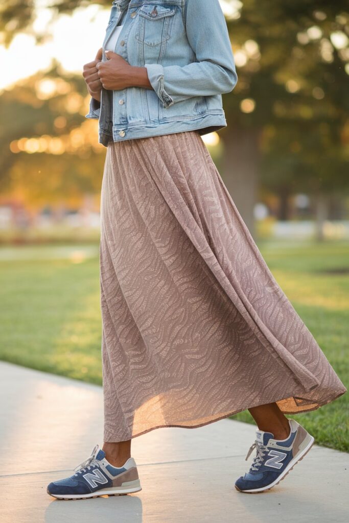  Black woman wearing a flowing maxi skirt and a classic denim jacket, paired with stylish New Balance sneakers. 