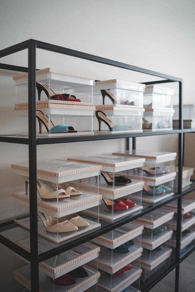 Visualize a neat arrangement of clear plastic shoe boxes on a sleek shelf. Each box is adorned with subtle washi tape accents, revealing a pair of stylish heels inside while keeping dust at bay.