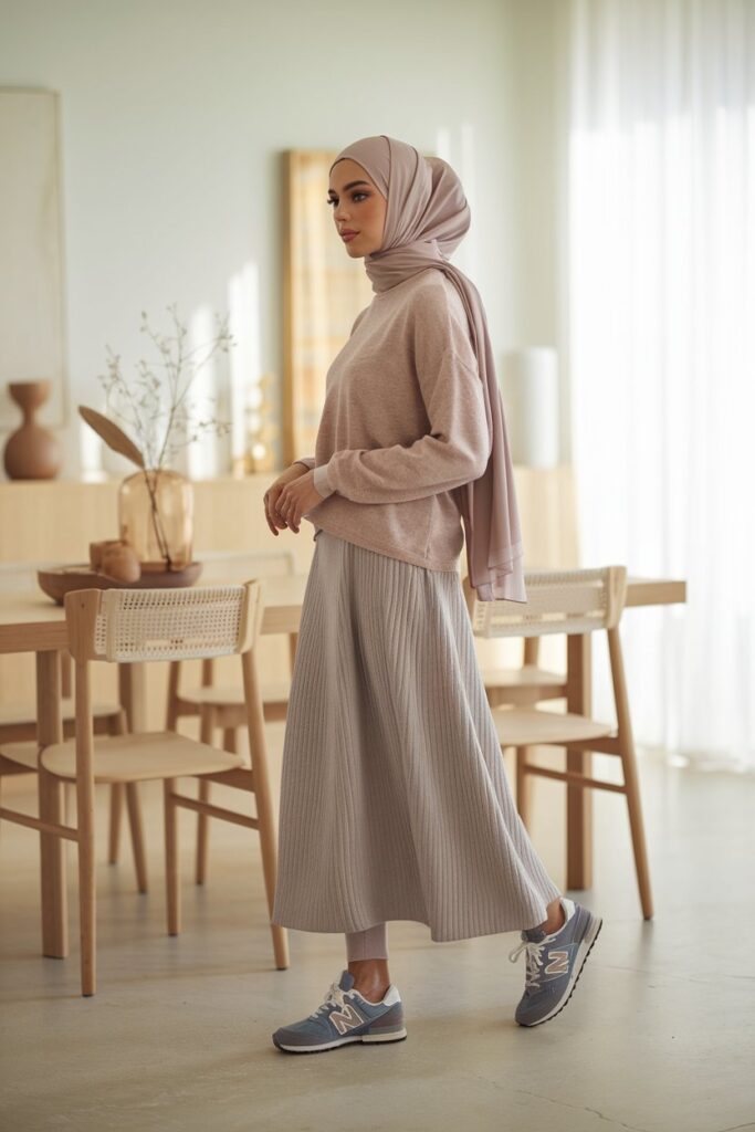 A sophisticated woman in a modest midi skirt and a cozy sweater, styled with New Balance sneakers.