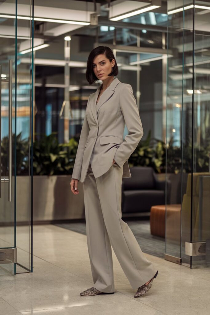 woman in a well-tailored, neutral-tone suit paired with funky, patterned flats.