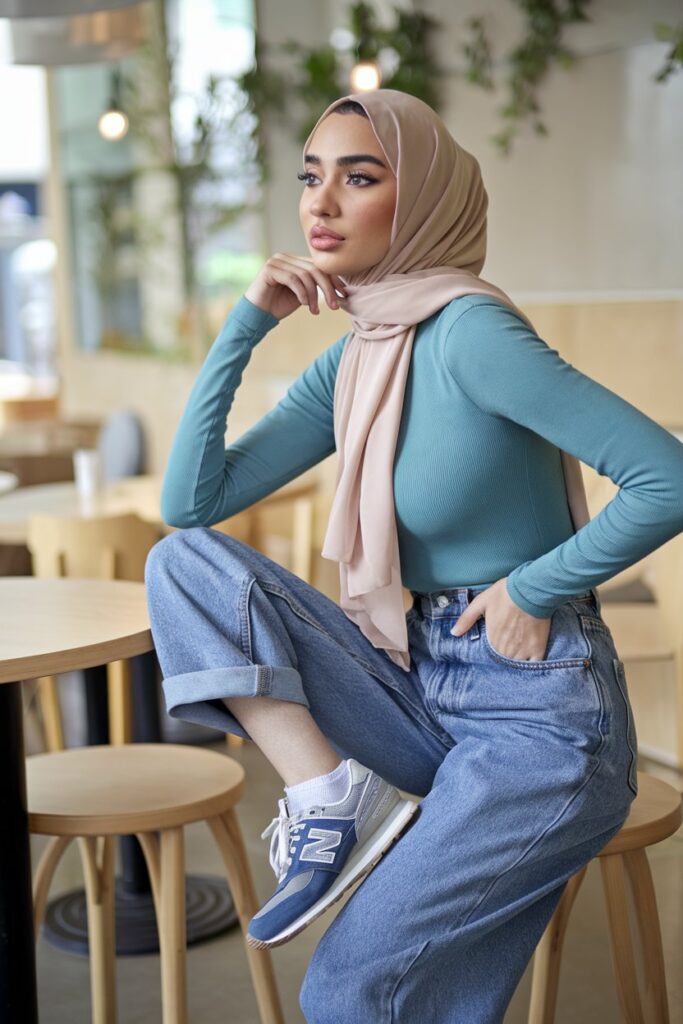 A relaxed woman wearing a breathable, longline t-shirt and tapered joggers paired with New Balance sneakers