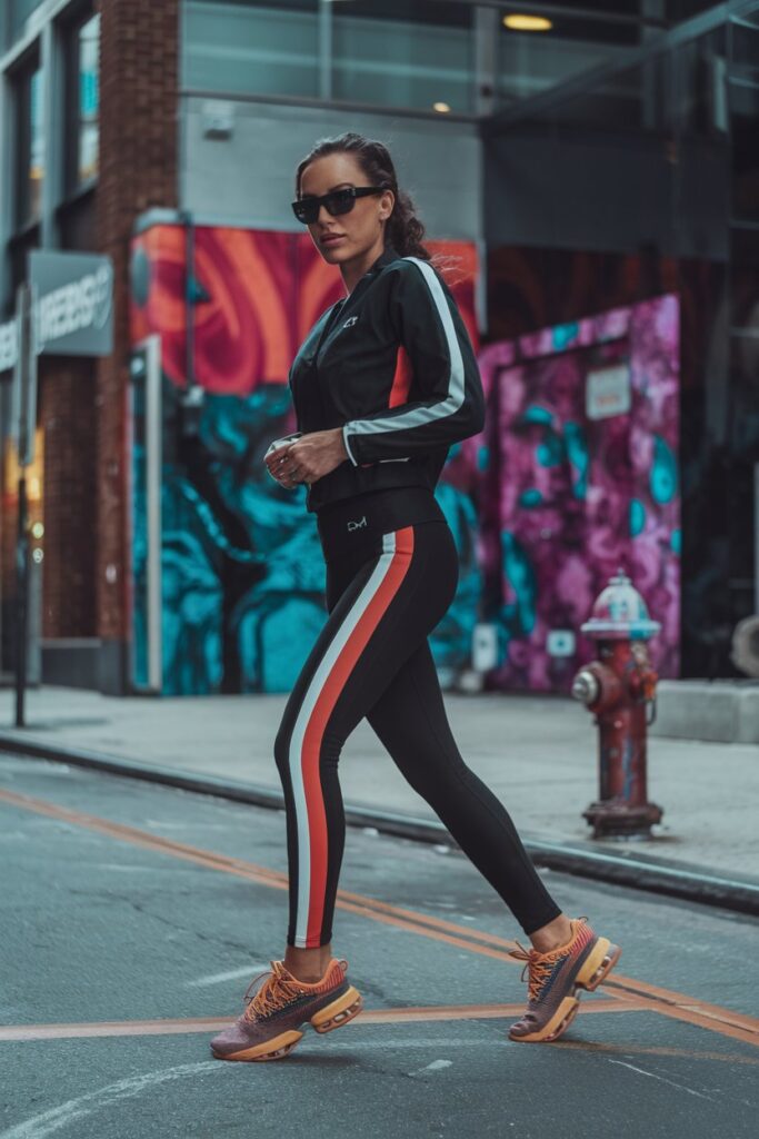 Visualize an urban-inspired scene where a stylish woman sports bold, funky sneakers with athleisure wear.