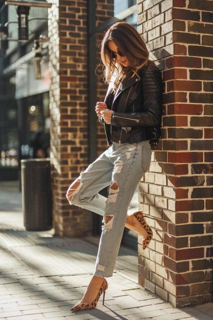  woman leaning casually against a brick wall in an urban setting, dressed in distressed denim jeans paired with wild animal print heels. 