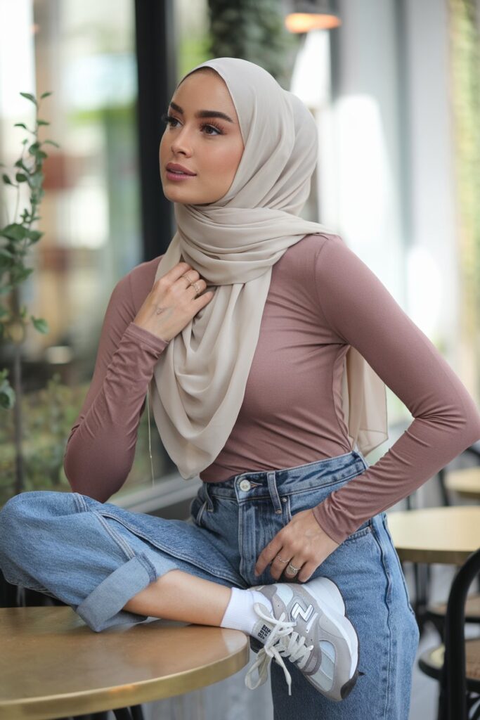 A stylish woman in a neatly styled hijab and a complementary colored long-sleeve top, paired with high-waisted, well-fitted denim jeans. 