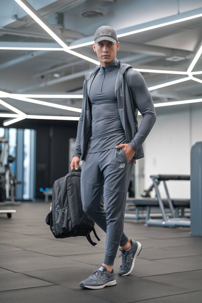 a male model sports performance joggers and a fitted athletic top under a zip-up hoodie. His New Balance 9060 sneakers are the highlight of this athleisure look,