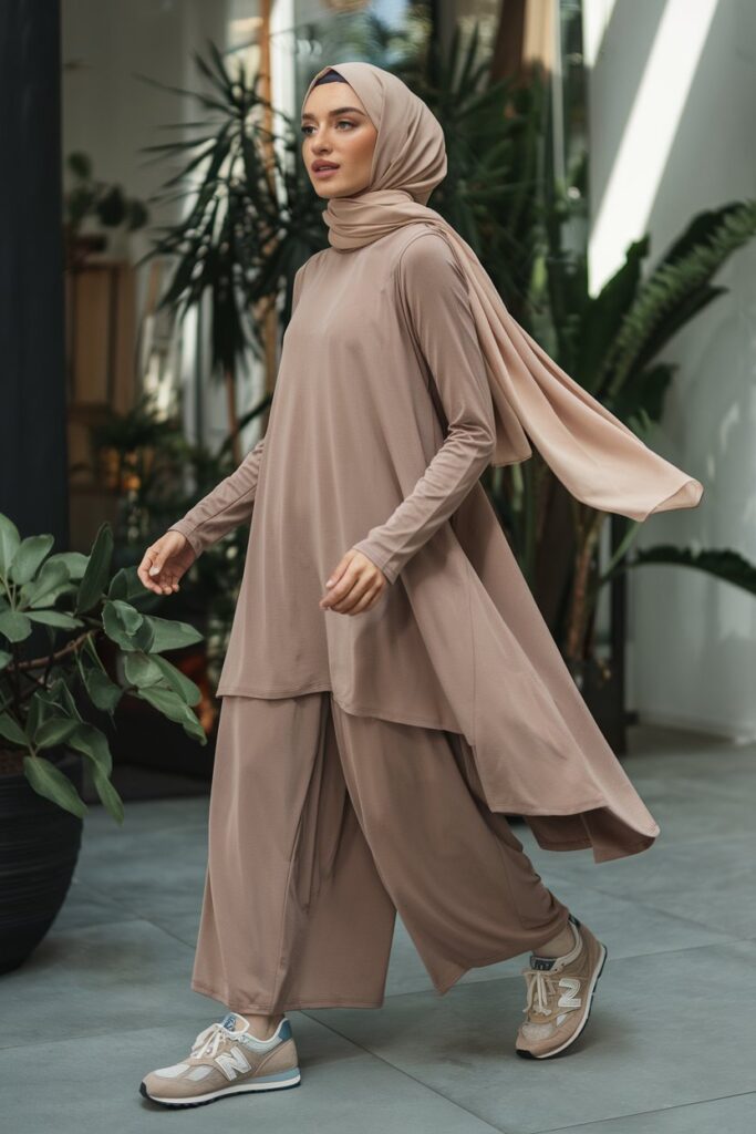 A trendy woman wearing wide-leg culottes with a long, flowing tunic top and New Balance sneakers.