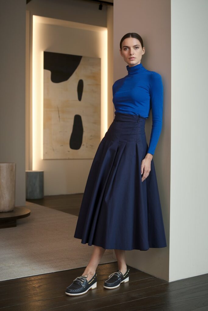 woman in a high-waisted skirt and a fitted turtleneck, paired with classic boat shoes for a polished look