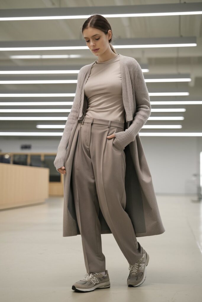  woman in a layered outfit featuring a long-sleeve tee under a cropped cardigan paired with tailored trousers and New Balance sneakers