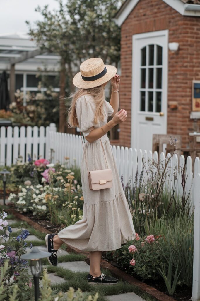  woman in a light, breezy sundress paired with classic boat shoes, set in a garden filled with blooming flowers