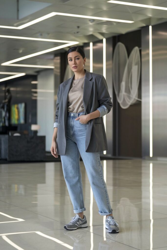 woman standing in a modern office lobby wearing a casual blazer over high-waisted jeans and a classic tee, finished with New Balance sneakers.