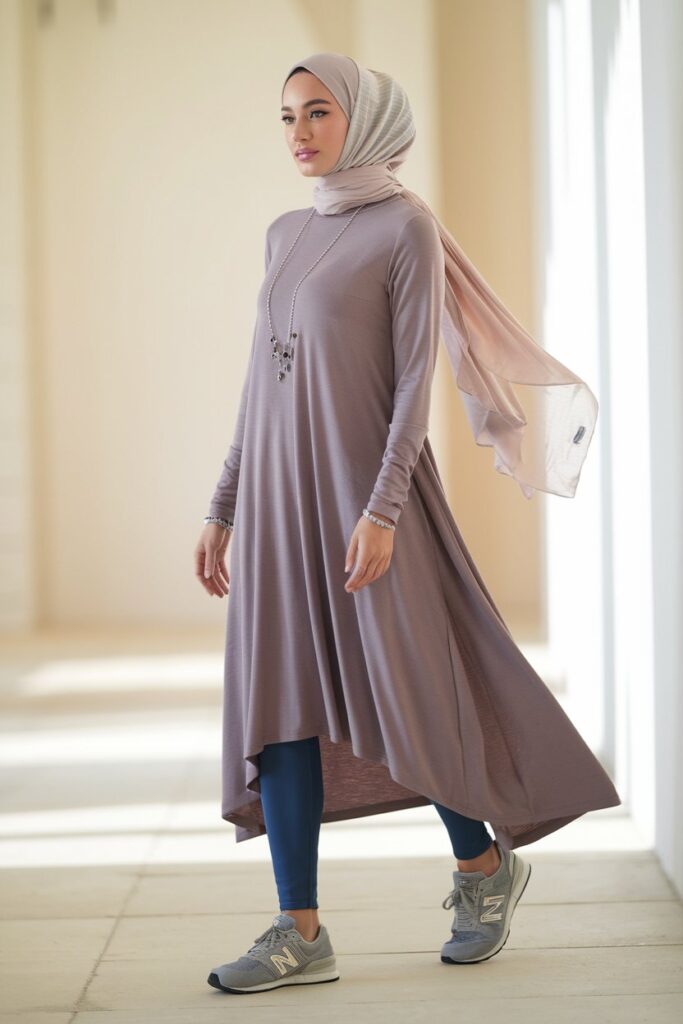 An effortlessly chic look featuring a long, flowing tunic paired with leggings and New Balance sneakers. Her hijab, 