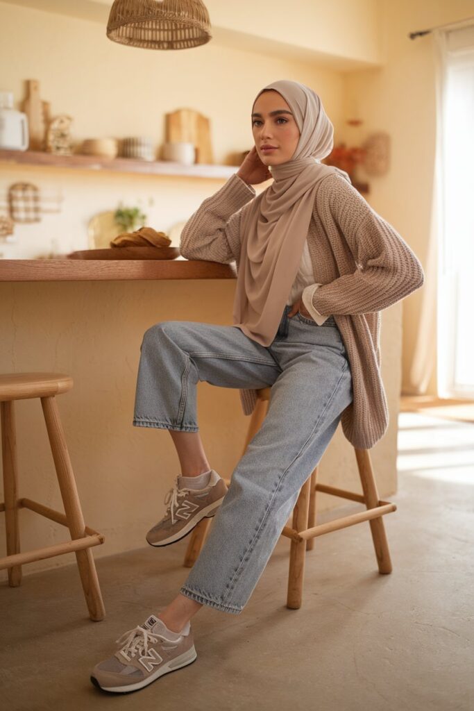 A relaxed, cozy outfit with a woman in tailored jeans layered with a snug knit sweater and New Balance sneakers. 