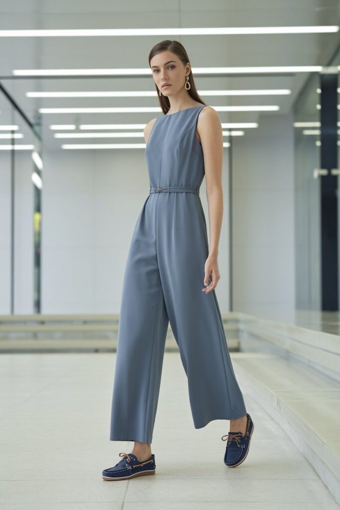  well-fitted jumpsuit paired with boat shoes in a modern, urban environment