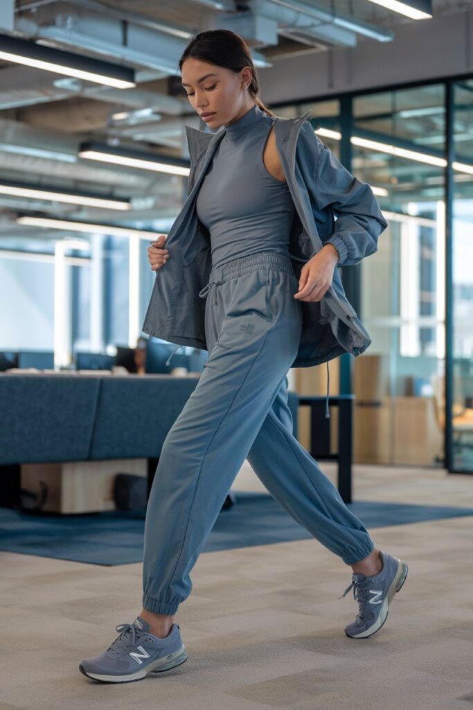 Visualize a dynamic, urban office environment with a woman in tailored joggers, a fitted top, and a lightweight jacket, paired with New Balance sneakers.