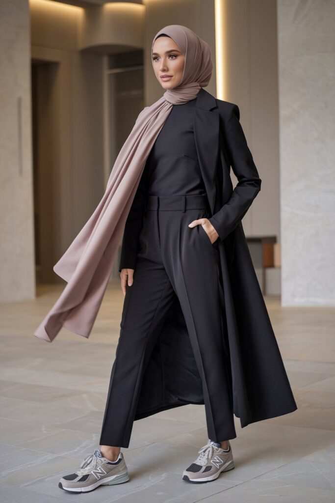 A sleek, minimalist look featuring a woman wearing tailored black pants, a matching top, and clean New Balance sneakers. Her hijab is styled in a coordinating monochrome shade