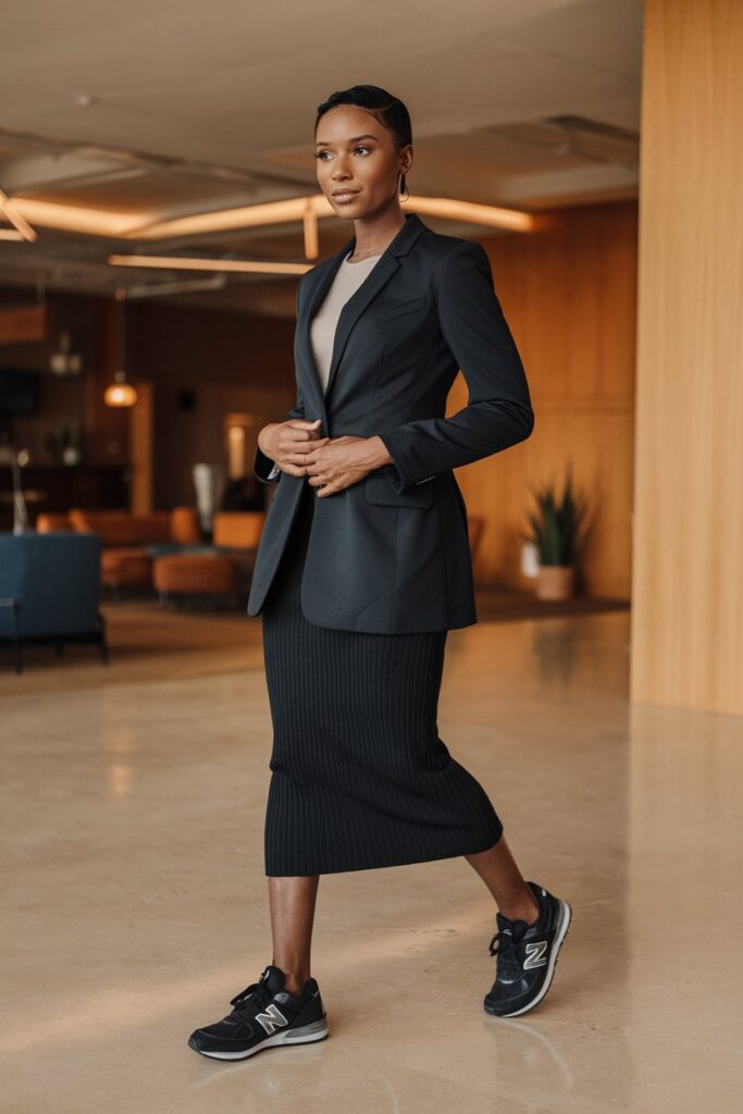 Black woman in a midi skirt and a structured blazer, paired with black or subtle New Balance sneakers. 