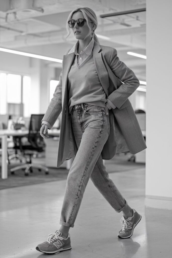 woman in tailored jeans and a lightweight sweater layered over a crisp collared shirt, paired with New Balance sneakers.