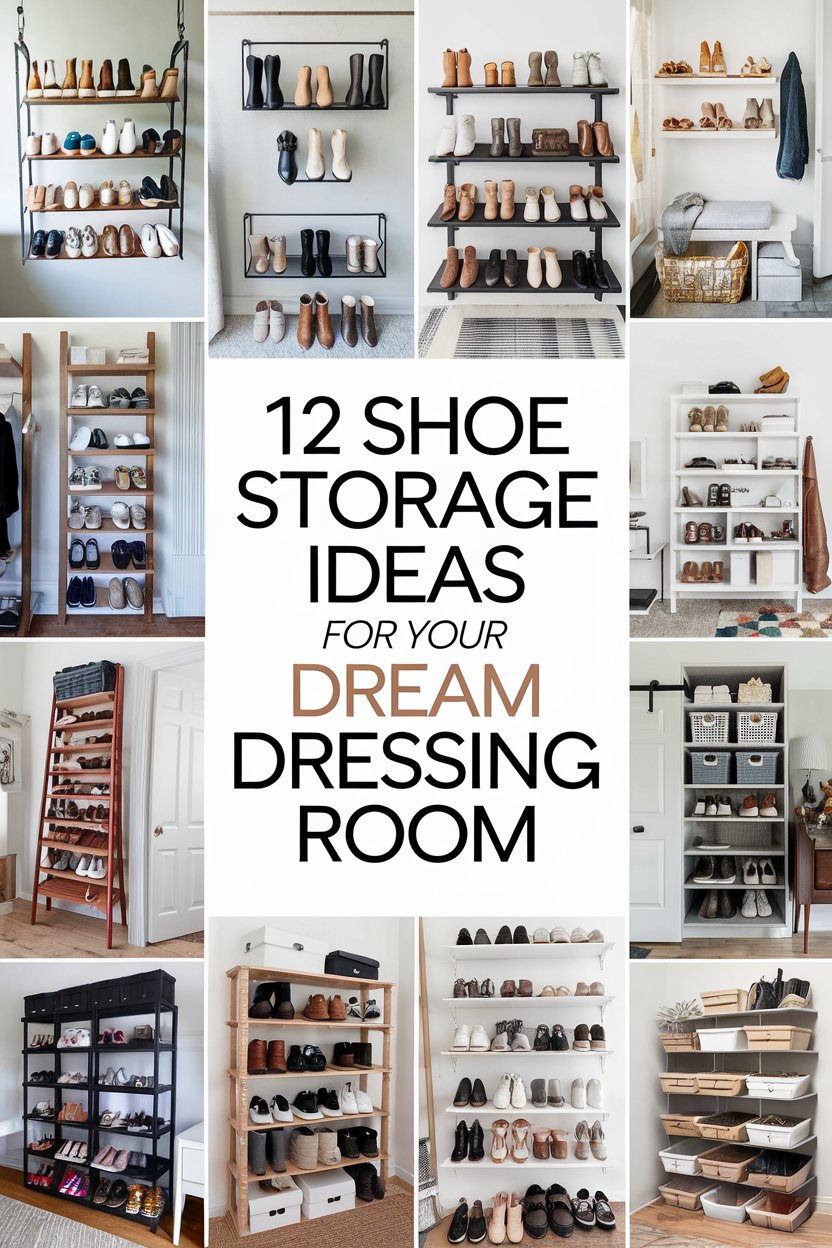 Show a high-ceiling area in a well-organized dressing room with a sturdy overhead shelf. Include colorful, labeled containers that hold off-season shoes, combining practicality with modern design.