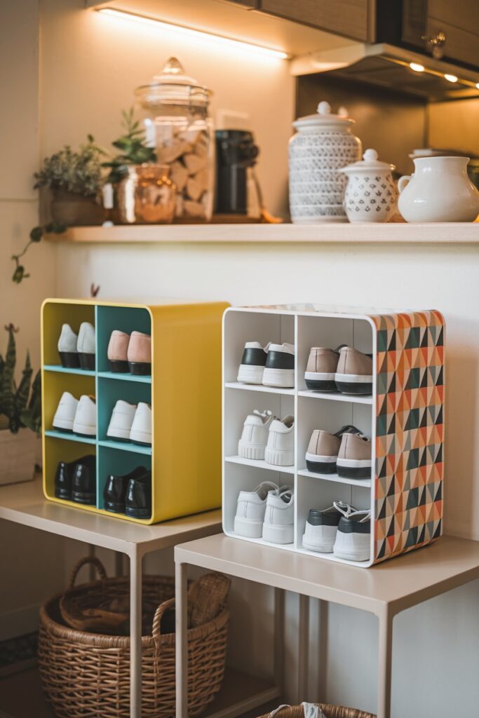 A compact shoe cubby organizer on a kitchen counter or side table, featuring multiple small compartments, each holding a neatly arranged pair of shoes.