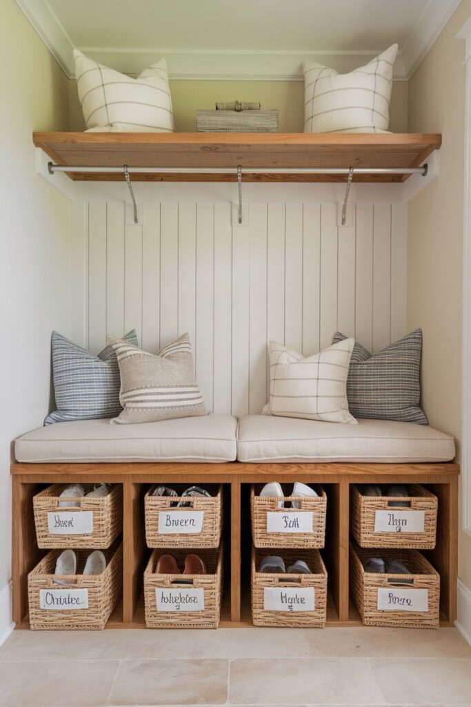 A cozy laundry room with a built-in wooden bench featuring slide-in baskets beneath it for shoe storage.