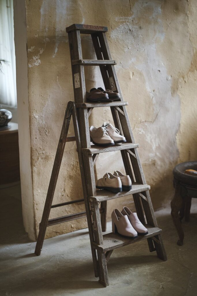 Imagine a decorative vintage ladder leaning against a textured wall with shoes arranged on its rungs. Specify a distressed paint finish for a farmhouse look.