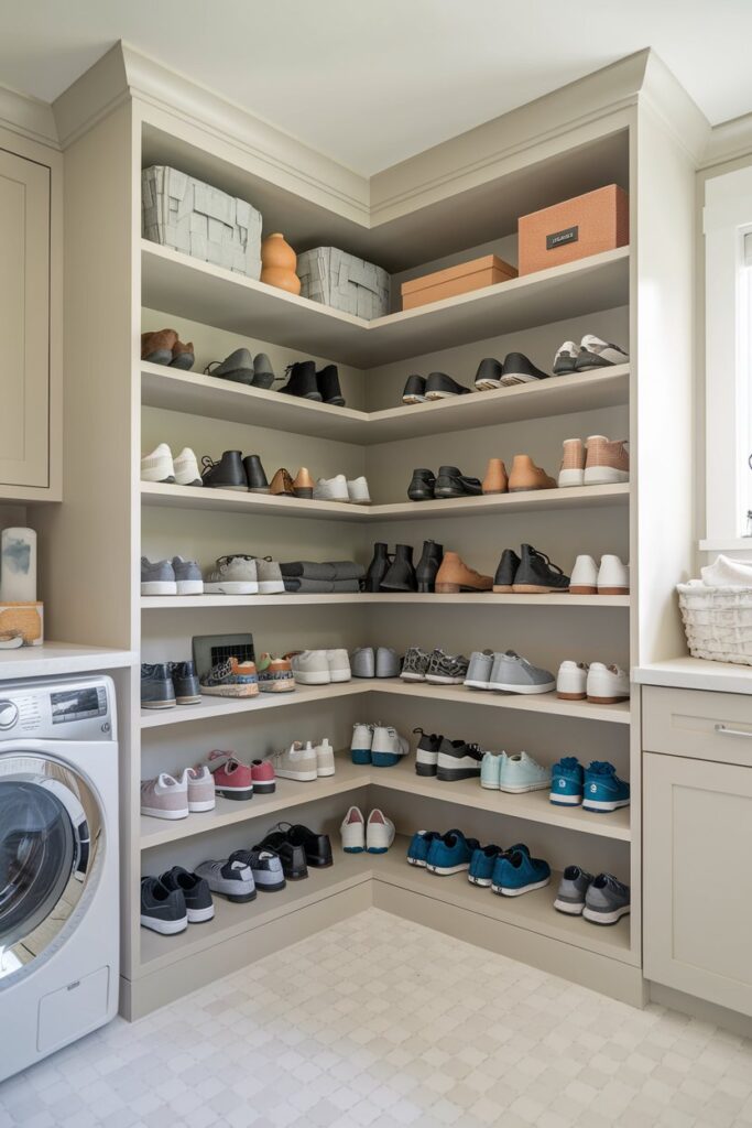 A compact laundry room making use of an unused corner with custom, adjustable corner shoe shelves