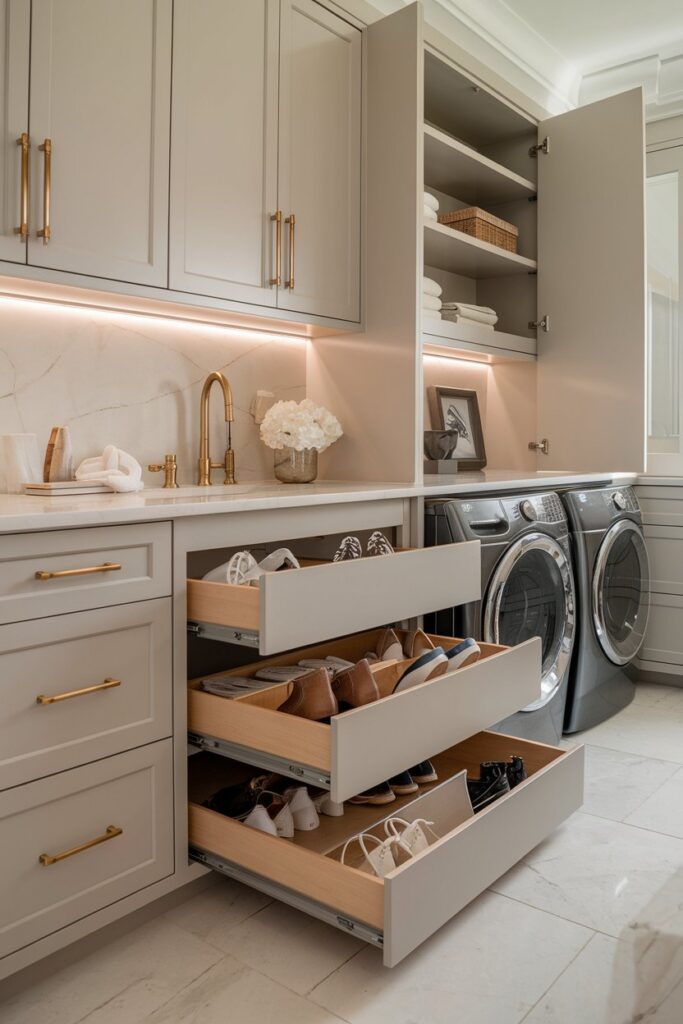 A high-end laundry room with sleek, built-in pull-out shoe drawers under the cabinets.