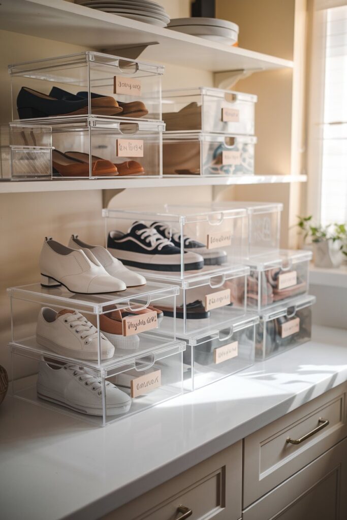 Clear storage boxes allow you to see every pair of shoes at a glance.