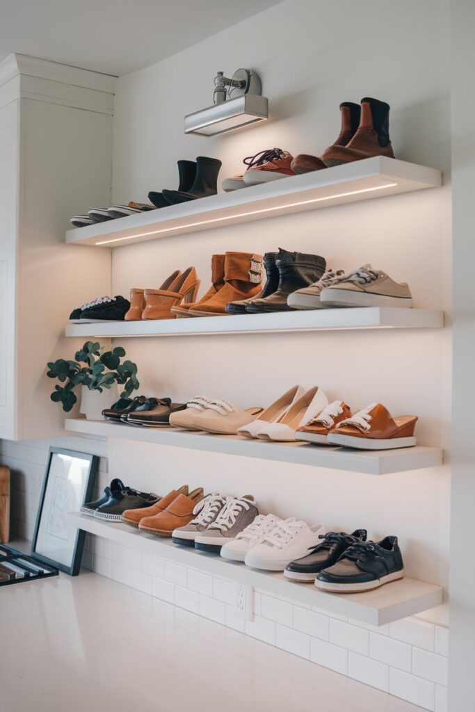 A stylish, modern kitchen featuring floating wall-mounted shelves. These shelves are neatly arranged with various pairs of shoes displayed like art pieces. 