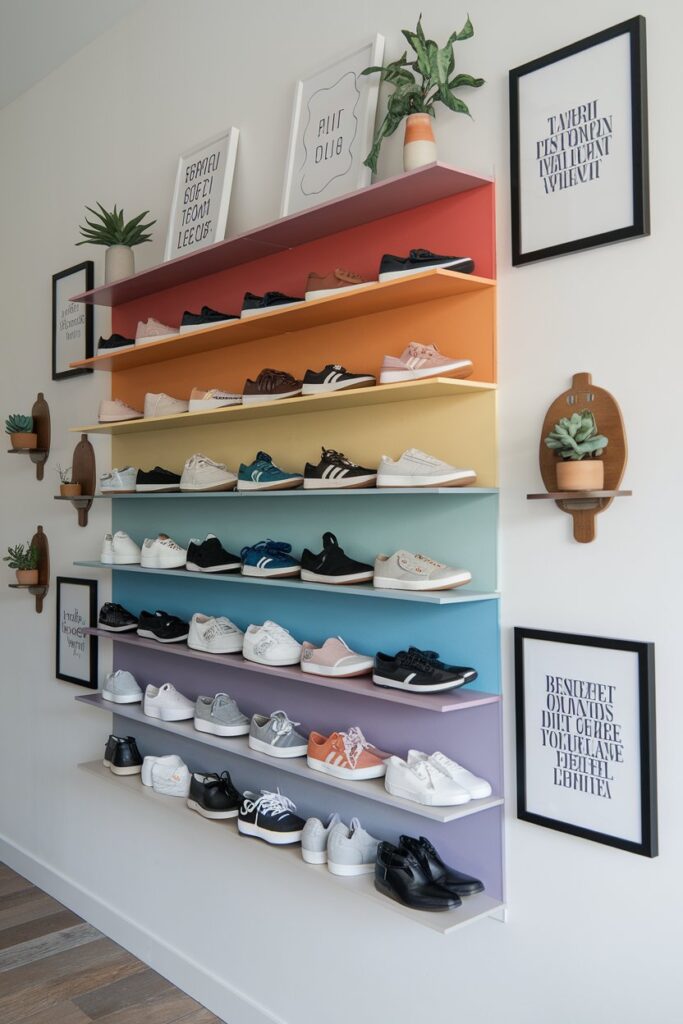 Imagine a modern wall with several floating shelves that showcase shoes arranged in a rainbow gradient. Include small potted plants or framed quotes around the shelves for added charm.