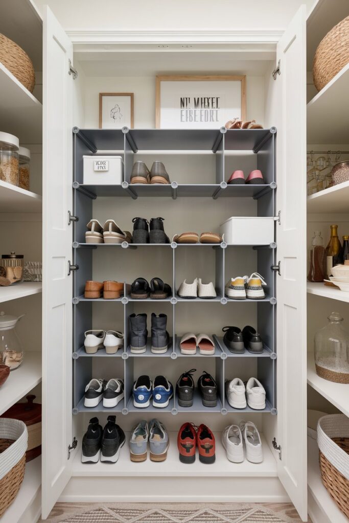 A multi-functional pantry organizer with adjustable shelves holding a variety of shoes, ranging from sneakers to boots. 