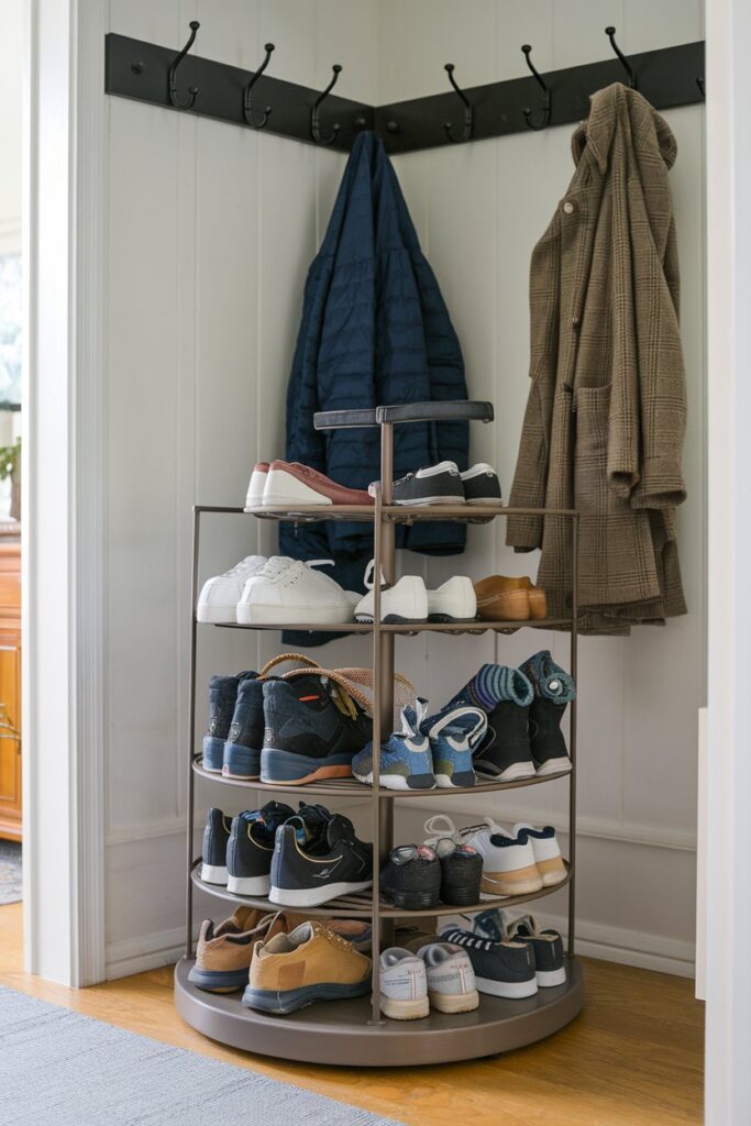 Rotating Shoe Carousel with Coat Hooks