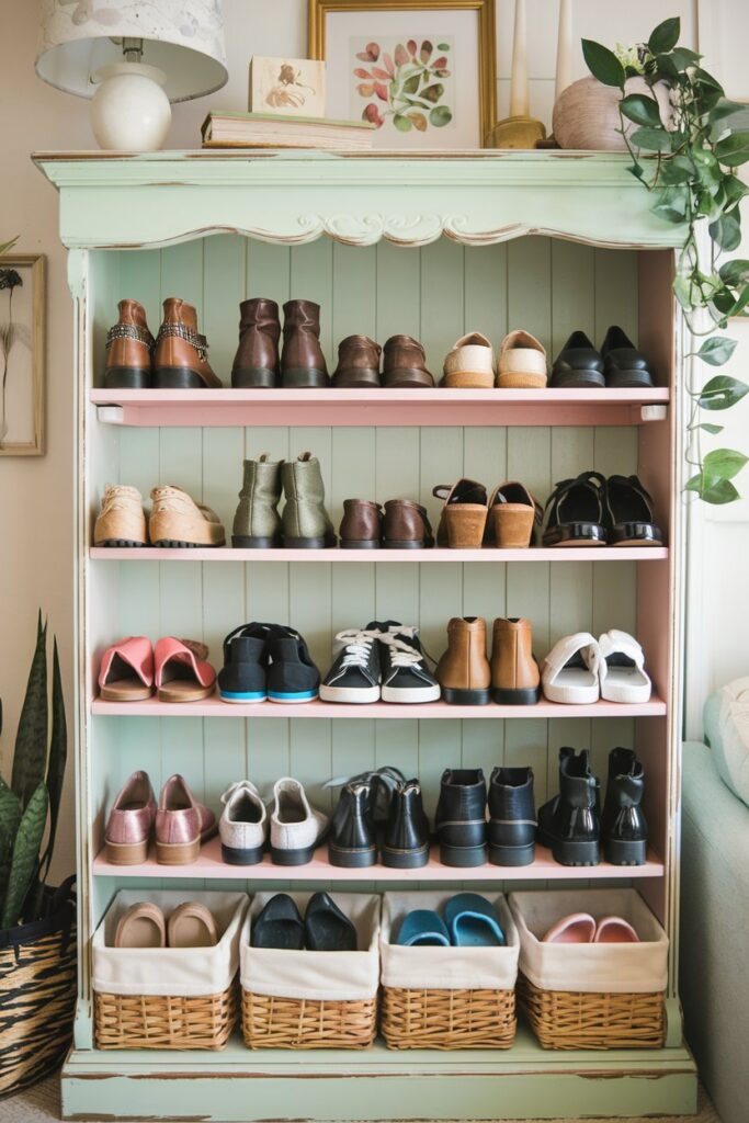 Picture a thrifted bookshelf transformed with a fresh coat of pastel paint and filled with neatly arranged shoes. Mention baskets on lower shelves for flip-flops or slippers to enhance the cottage-style vibe.