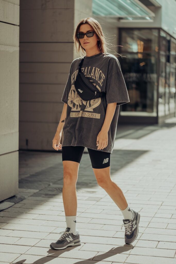 New Balance 574 with Bike Shorts and an Oversized Tee