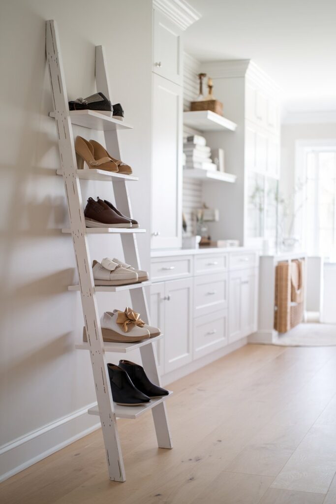 A stylish laundry room featuring a slim, decorative wooden ladder leaned against the wall. 