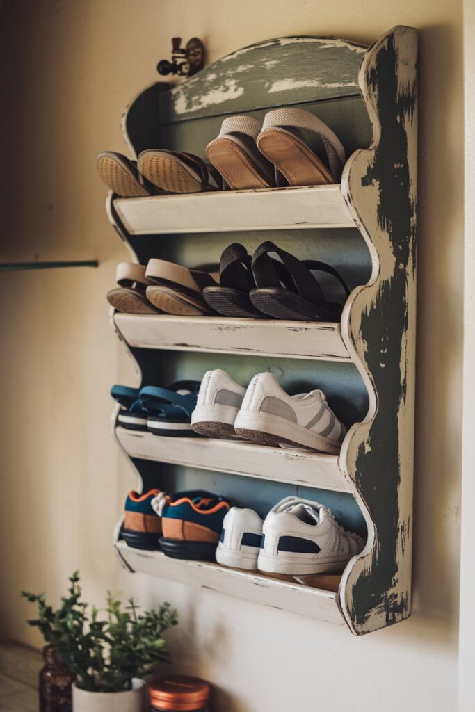 A vintage wooden spice rack, upcycled into a creative shoe display, is mounted on a wall in a rustic kitchen.