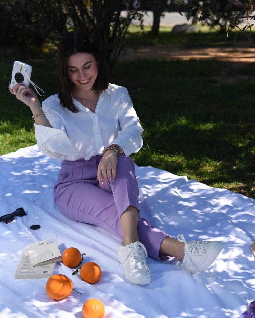 White Button-Up + Lilac Trousers + Classic Tennis Shoes