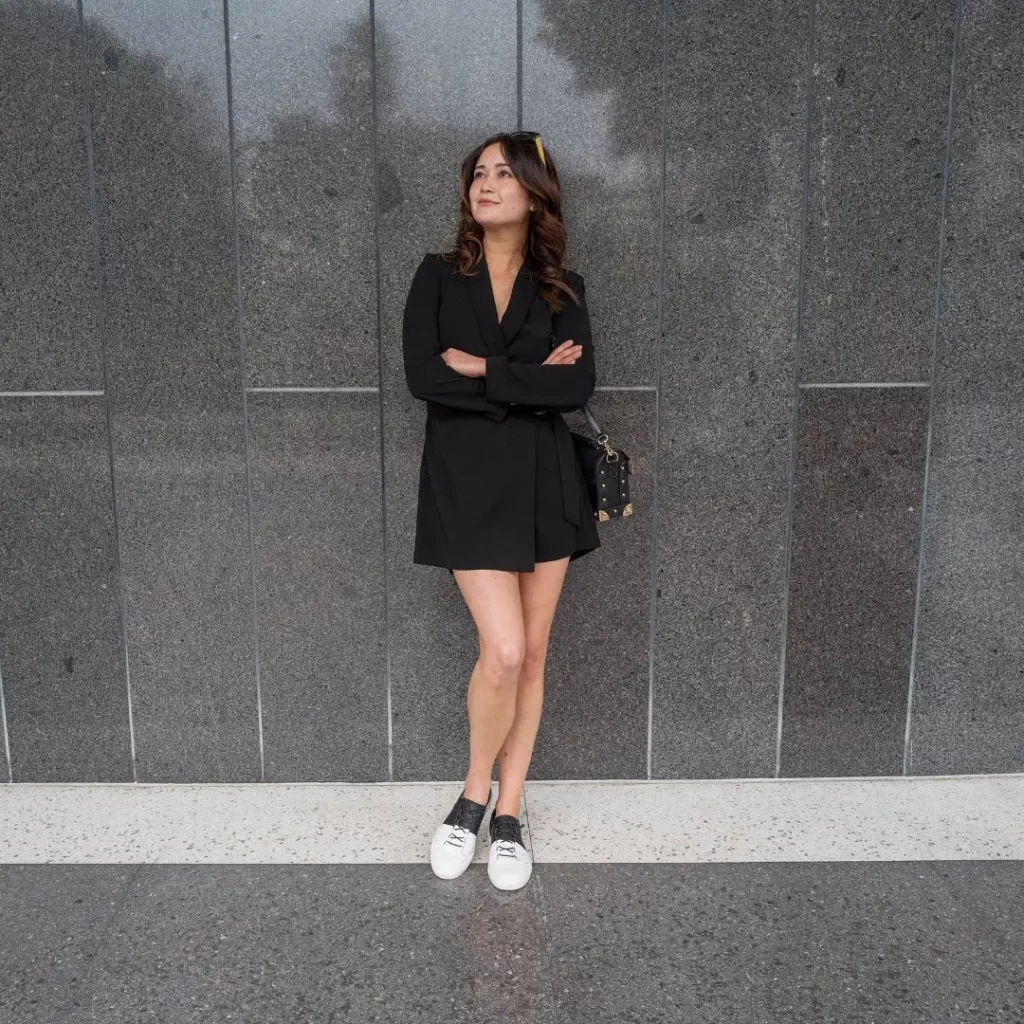 Black Blazer Dress with White Sneakers