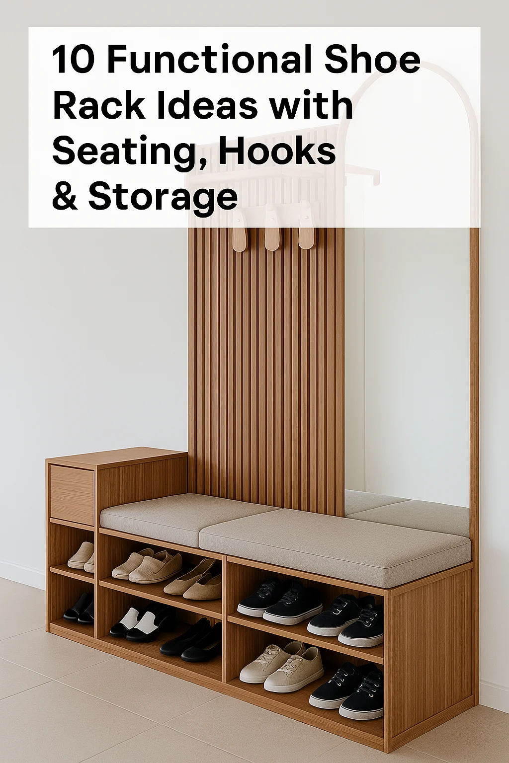 The Slatted Wood Bench with Mirror and Hooks