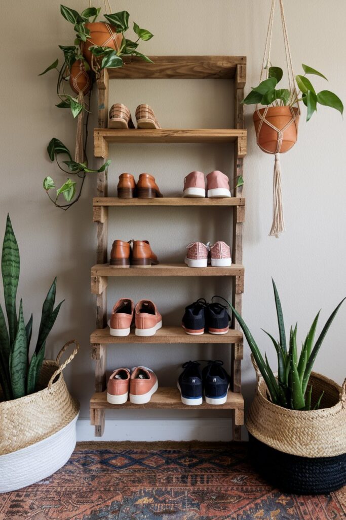 Reclaimed wooden ladder turned into a wall-mounted shoe rack