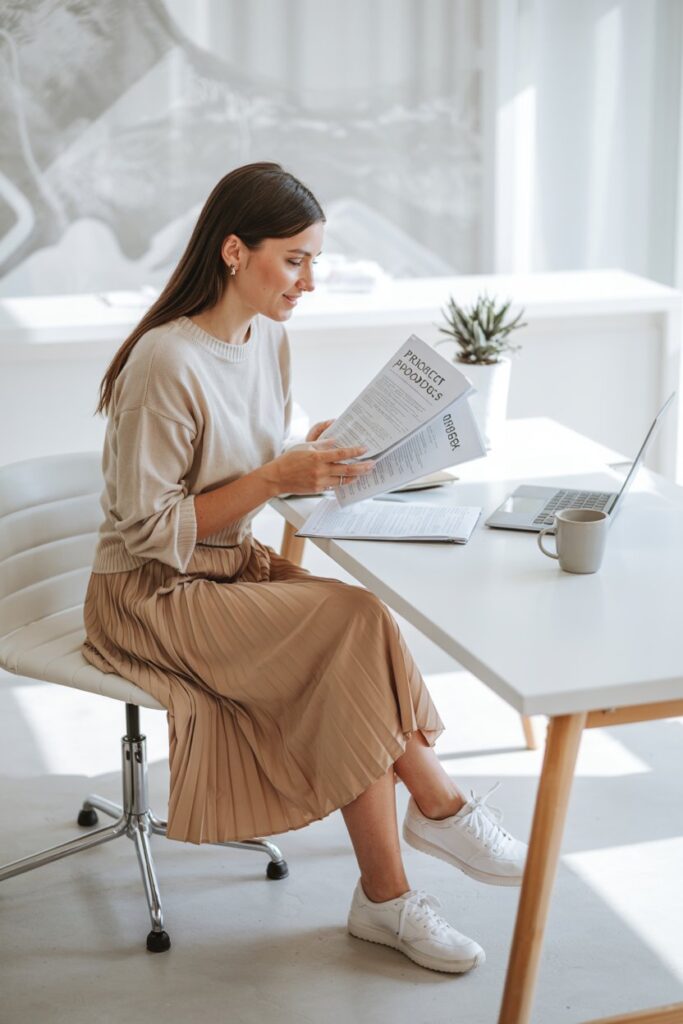 	Trendy woman in a pleated midi skirt, soft knit top, and tennis shoes, reading notes at her desk 