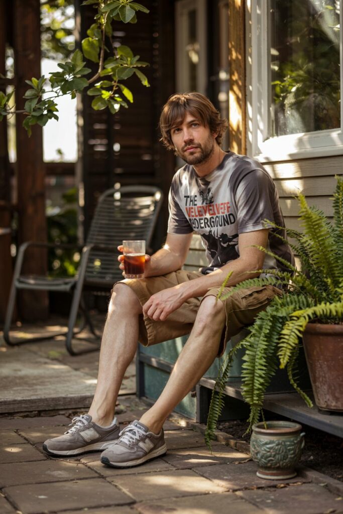 Tan cargo shorts, a faded music band tee, and grey or navy NB 574s
