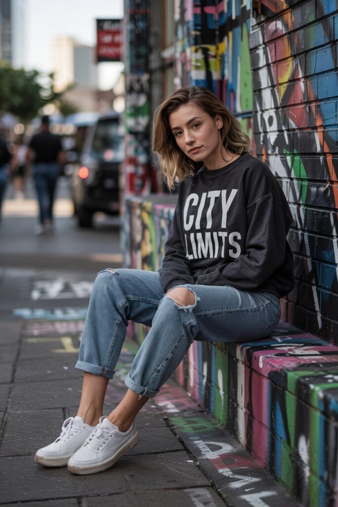 Trendy woman lounging in boyfriend jeans and retro white tennis shoes, wearing a graphic sweatshirt — comfy, off-duty model look with standout jeans and sneakers