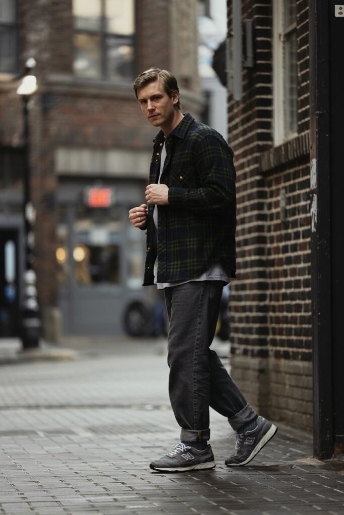 Model adjusting his flannel cuffs while standing in an urban alleyway