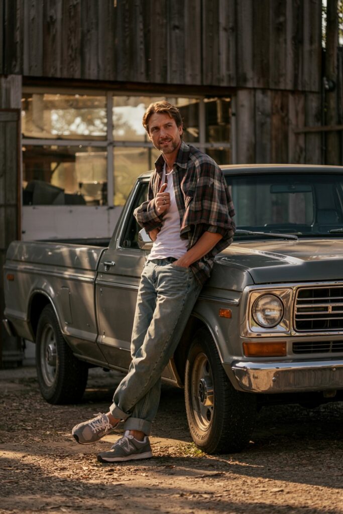 Male model wearing light-wash straight-leg jeans, tucked-in white tee, flannel shirt over shoulders, and NB 990s