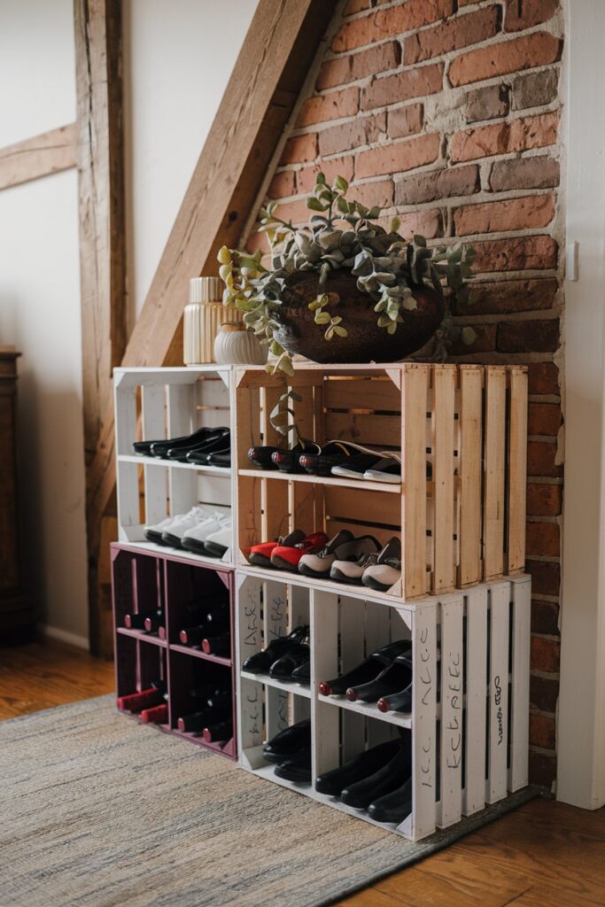 Vintage-style wine crates lined up side by side as shoe cubbies. 