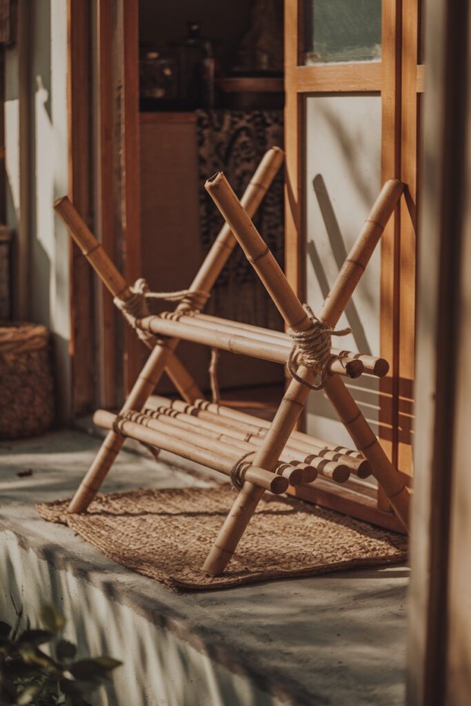 A handmade bamboo stick rack using thick side poles and thin rung-like steps