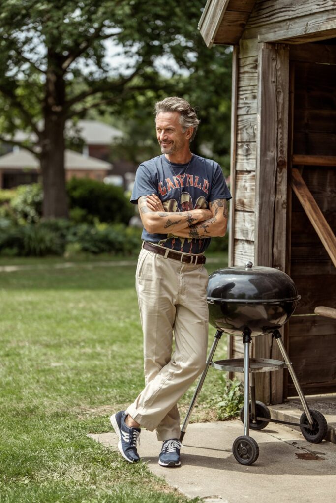 A model with salt-and-pepper hair, wearing a tucked-in vintage tee, classic straight pants, brown belt, and navy NB 574s.